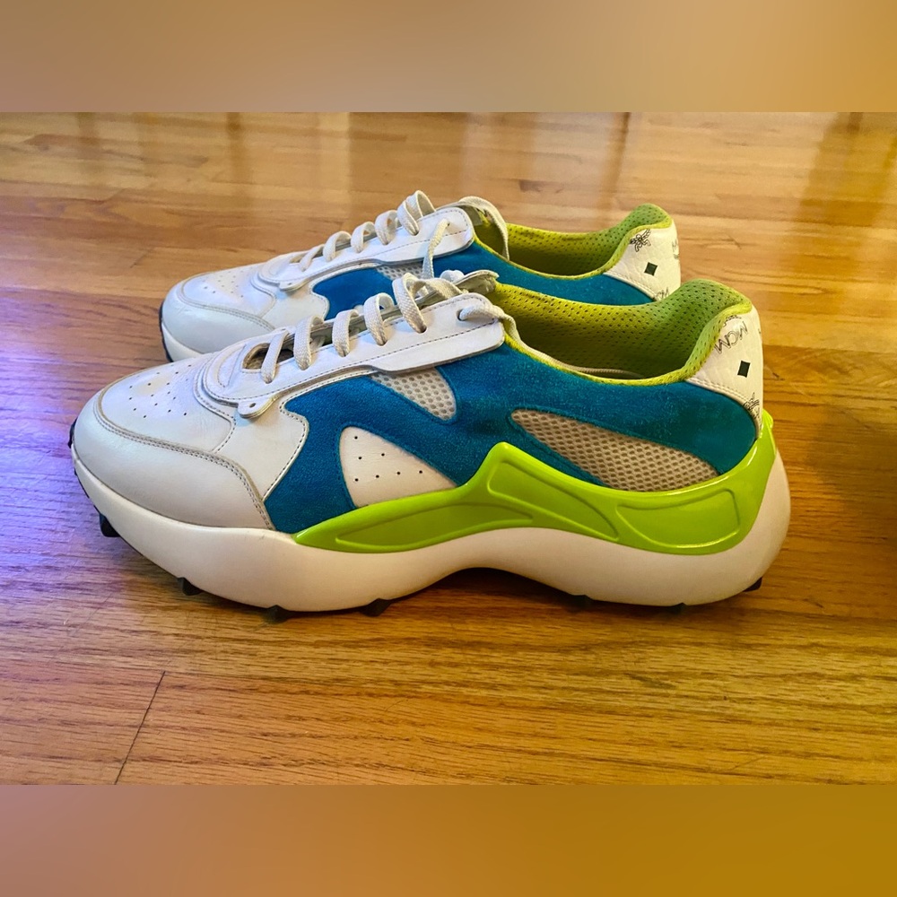 MCM White and Blue Sneakers with Neon Accents
